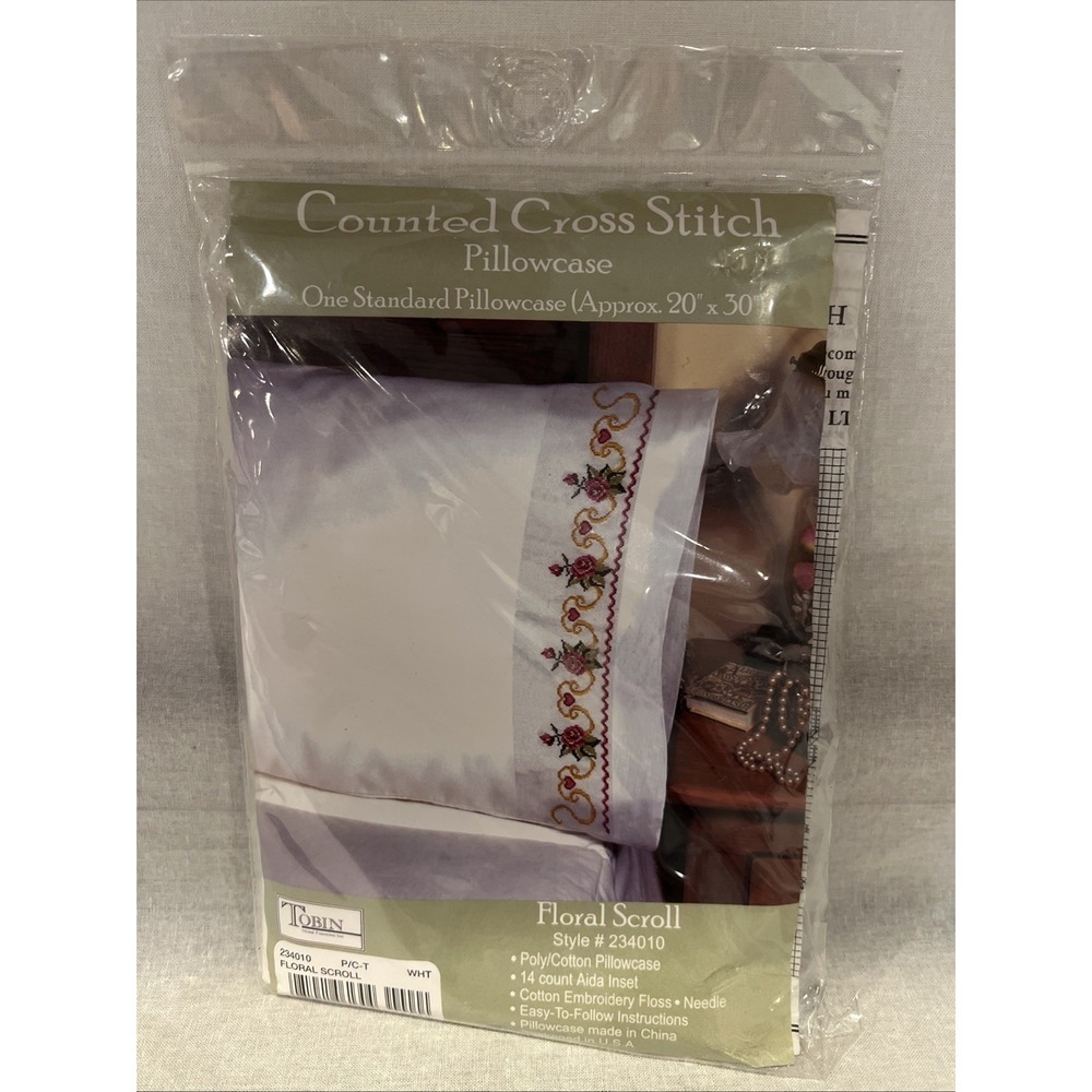 TOBIN Counted Cross Stitch "Floral Scroll" Standard Pillow Case Kit # 234010 New